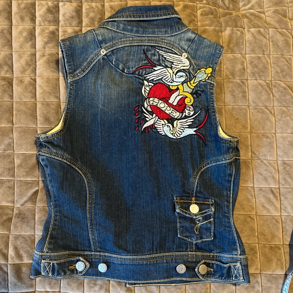 Y2K Tattoo Style Embroidered Dark Wash Denim Vest - XS - Like New - J Signature